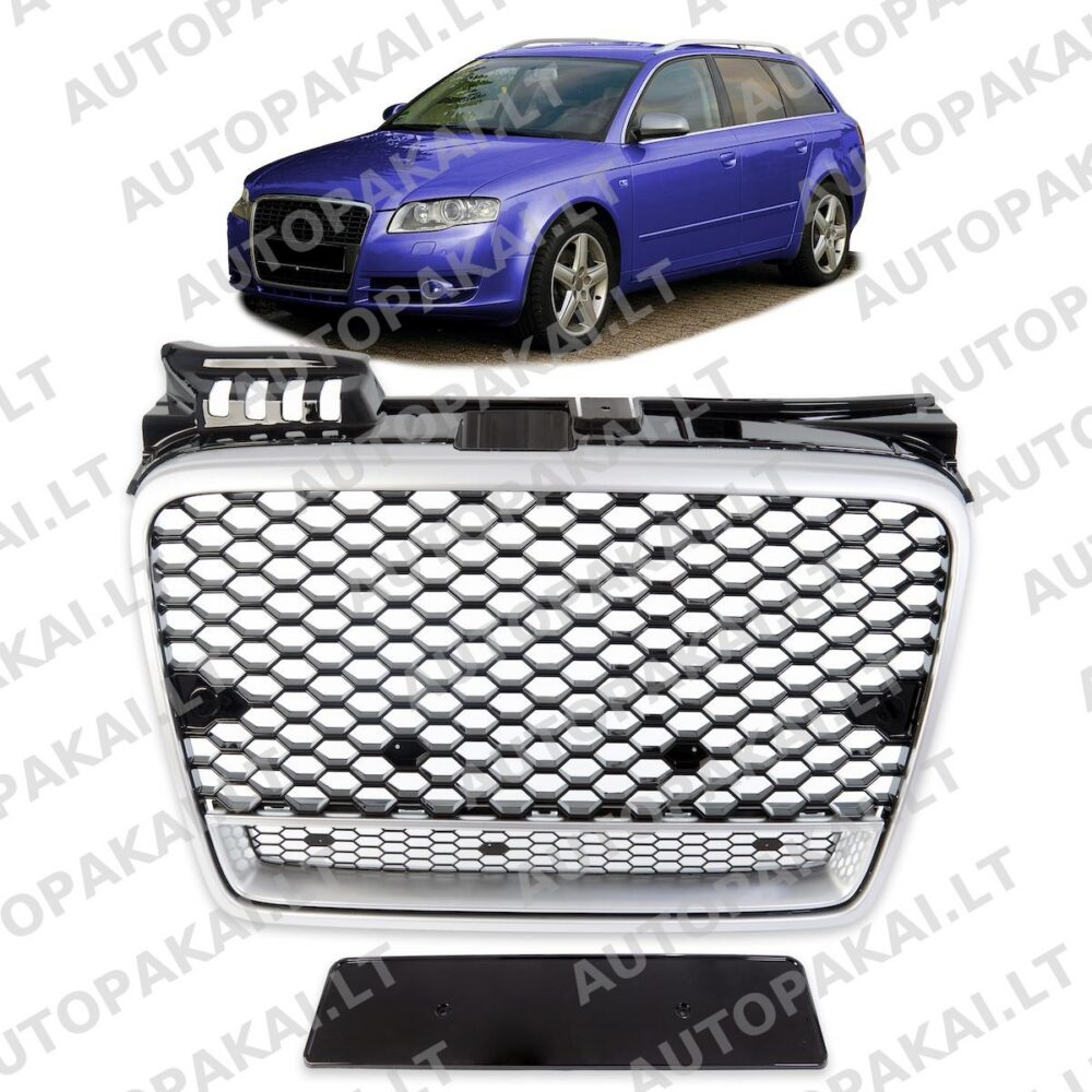 Priekinės grotelės, sidabrinės, tinkančios AUDI A4 B7 8E Sedan Avant 04-07