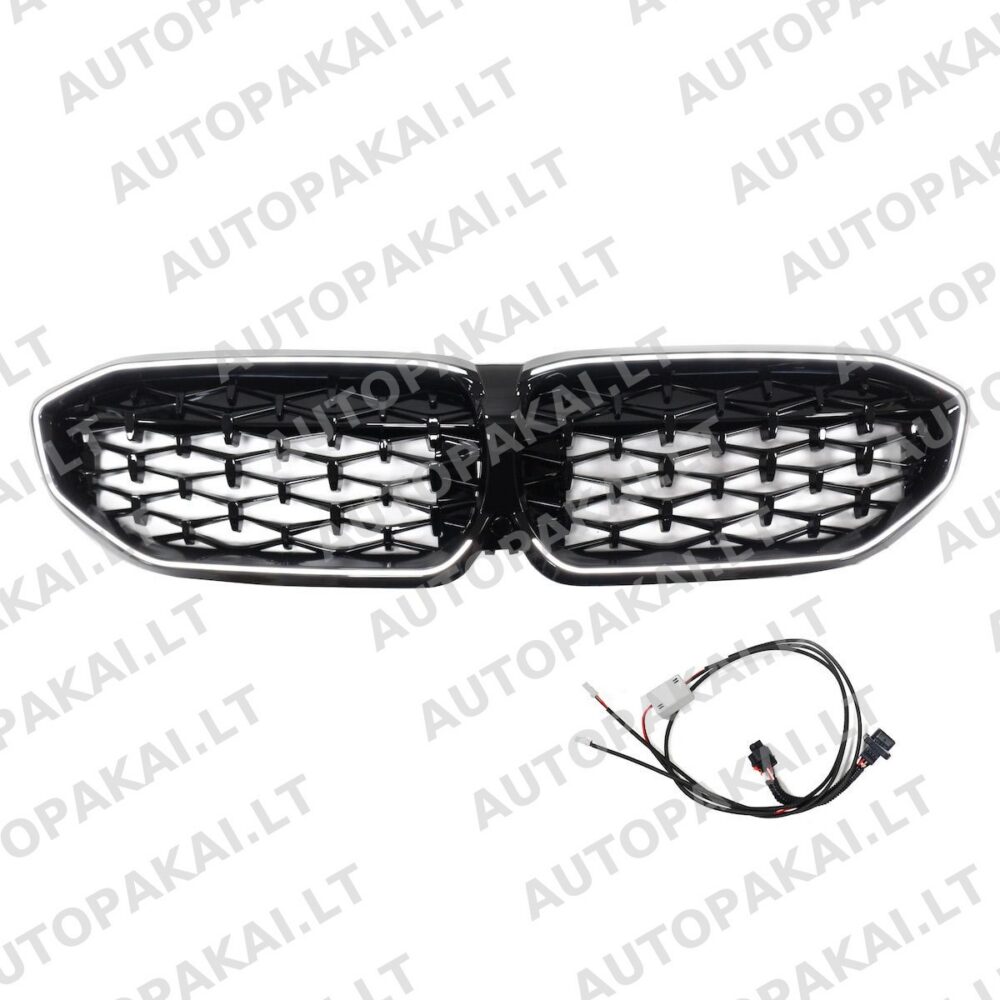 BMW 3 serijos G20 19-23 LED grotelės su deimantinio blizgesio juodomis detalėmis.